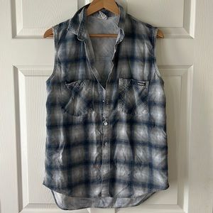 VINTAGE Bongo‎ Plaid Button Down Shirt Vest, Sz Large 100% Cotton